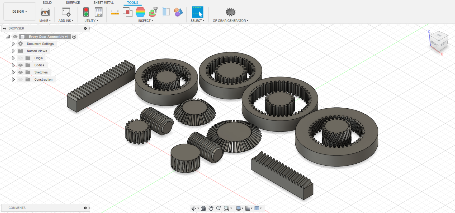 An image of all the 11 gear variants of the GF Gear Generator; STLGears.com pride and most successful application.